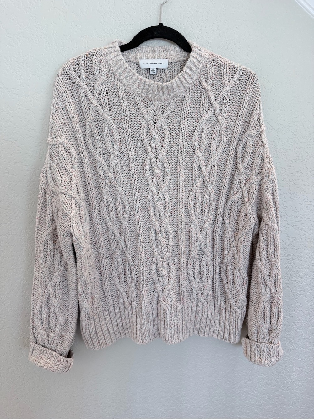 Something Navy Cable Knit Sweater — Cream Speckled, Size M